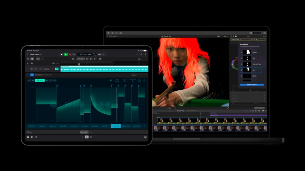 显示 Logic Pro 中 Beat Breaker 工具的 iPad Pro，和显示 Final Cut Pro 中 Auto Mask 工具的 MacBook Pro。