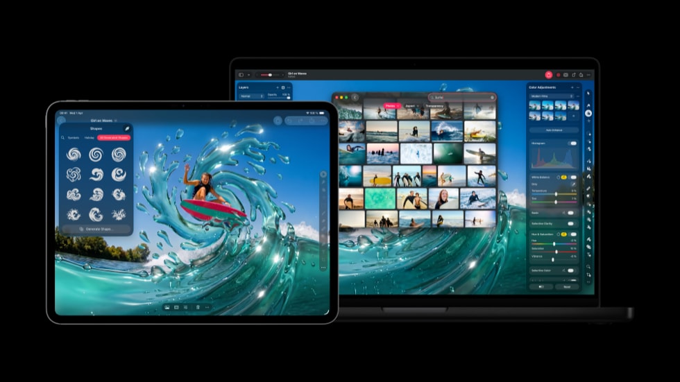 iPad Pro 上展示着形状生成功能，MacBook Pro 上展示着内容中心。 <p class=