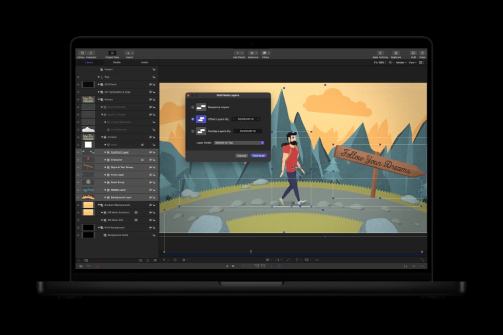 显示 Motion 中 Distribute Layers 功能的 MacBook Pro。 <p class=